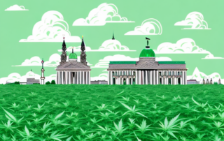 A lush green hemp field with the outline of german landmarks