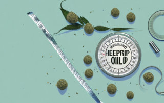 A bottle of hemp seed oil surrounded by hemp plants and a measuring tape