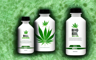 A bio hemp oil bottle surrounded by organic hemp plants