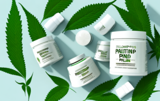 Several hemp plants with a jar of pain-relief cream in the foreground