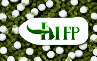 Hemp oil capsules surrounded by various medicinal plants and herbs