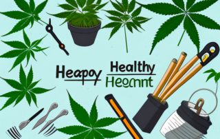 A healthy hemp plant in a pot with a few gardening tools nearby