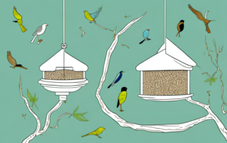 A variety of birds happily pecking at hemp seeds from a sustainable bird feeder hanging from a tree branch