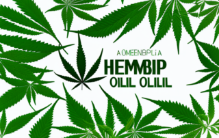 A bottle of hemp oil capsules surrounded by medicinal herbs and leaves
