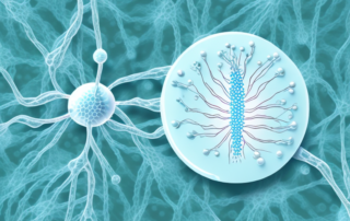 A cbd oil dropper with a few droplets falling into a nerve cell structure