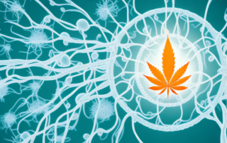 A cbd oil dropper with a few drops falling into a stylized depiction of a nerve cell