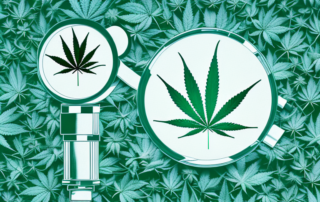 A cannabis plant with various elements like a magnifying glass