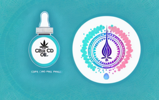 A cbd oil dropper bottle with a few drops falling into a stylized representation of a pain area
