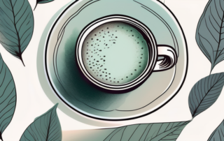 A steaming cup of tea with a hemp leaf subtly integrated into the design