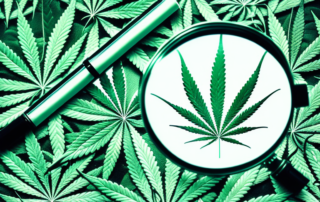 A cannabis leaf under a magnifying glass