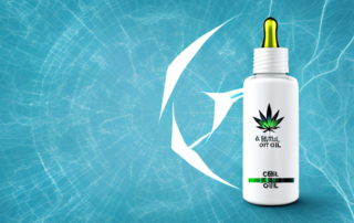 A cbd oil dropper bottle with a few drops falling into a stylized representation of a pain symbol (like a lightning bolt)