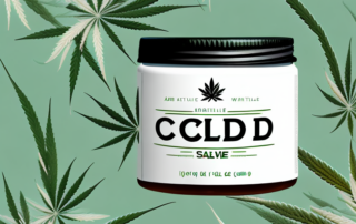 A jar of cbd salve surrounded by various natural elements like herbs and plants