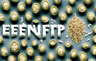 A pile of unpeeled hemp seeds contrasted with a peeled one