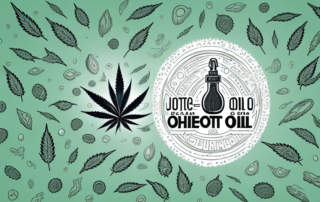 A bottle of hemp oil surrounded by various symbols of health and wellness such as a heart