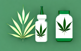 A cannabis leaf juxtaposed with a traditional medicine bottle