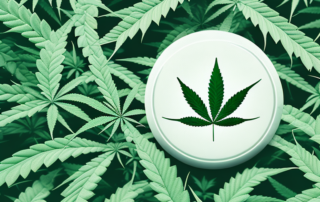 A hemp plant with its leaves gently cradling a symbol of a pill