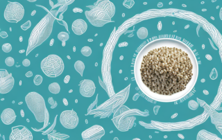 A handful of hemp seeds with a stylized omega-3 molecule hovering above them