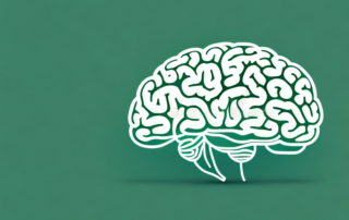A brain with various sections highlighted and stylized cannabis leaves floating around