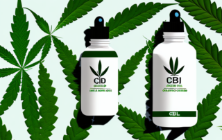 A cbd hemp oil bottle surrounded by various natural elements like hemp plants and leaves