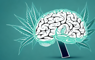 A cannabis leaf intertwined with a symbol of a brain
