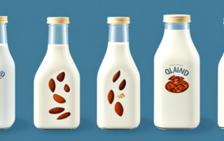 Several types of plant-based milk in glass bottles