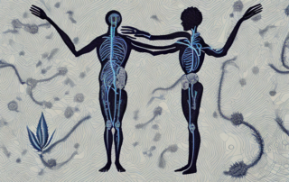 A human silhouette with different organs and systems subtly highlighted