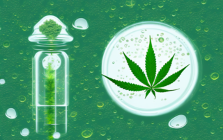 A hemp plant with droplets of oil falling from its leaves into a small glass bottle