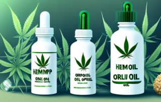 A hemp oil bottle with a dropper next to a stylized