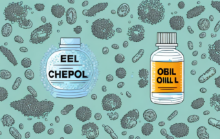 A bottle of hemp seed oil surrounded by various metabolic elements like energy molecules
