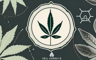 A hemp plant with its various parts labeled (like seeds