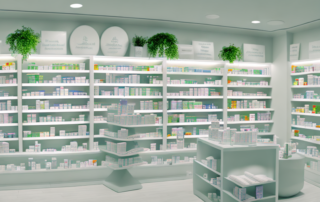 A calming and serene pharmacy setting with a highlighted shelf displaying a variety of cbd salves