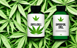 A bottle of doppelherz hemp oil capsules surrounded by hemp leaves