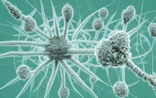 A hemp plant with its seeds transforming into a complex structure of amino acids