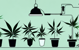 Several cannabis plants of varying heights inside an indoor growing setup