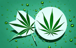 A cannabis leaf with oil droplets falling from it into a scientific test tube