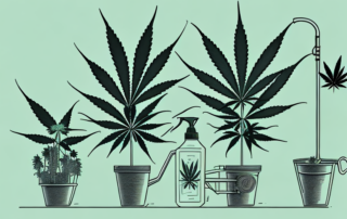 A cannabis plant being pruned with a pair of gardening shears