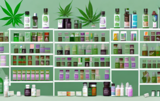 A vibrant and well-organized cannabis store with various types of hemp products displayed on the shelves