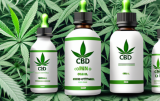 A variety of cbd oil bottles with a backdrop of hemp plants