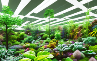 A vibrant indoor garden with various types of plants thriving under a grow light
