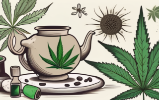 A hemp plant surrounded by various medicinal symbols like a mortar and pestle