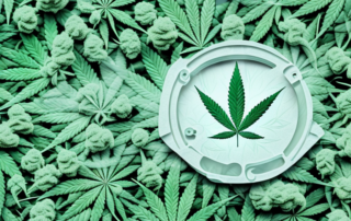 A cannabis plant with various parts highlighted and magnified to show the cannabinoids