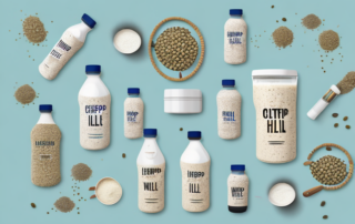 Various types of hemp milk in different containers