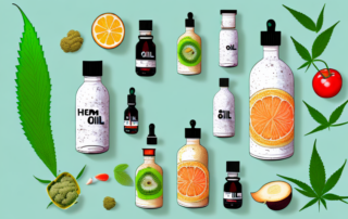 A bottle of hemp oil surrounded by various healthy foods like fruits and vegetables