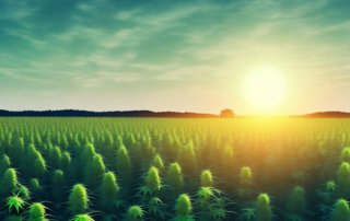 A mature hemp plant in a field with a rising or setting sun in the background