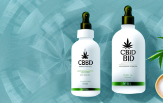 A bottle of cbd massage oil with soothing waves emanating from it