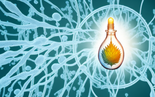 A cbd oil dropper with a few drops falling into a stylized depiction of nerve cells