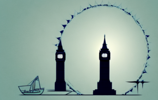 A hemp plant in the center with iconic british and american symbols like big ben and the statue of liberty in the backdrop