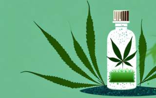 A hemp plant with droplets of oil falling from its leaves into a bottle