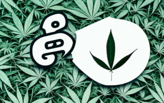 A cannabis leaf juxtaposed with a stylized image of a throbbing head