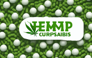 Hemp capsules surrounded by a variety of medicinal plants